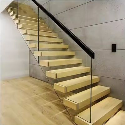 Villa Tasarımı Yüzen Merdiven Görünmez Çelik Stringer Ahşap Çaplı Cam Çitli