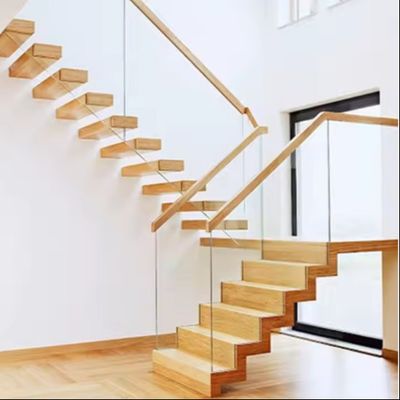 Villa Tasarımı Yüzen Merdiven Görünmez Çelik Stringer Ahşap Çaplı Cam Çitli