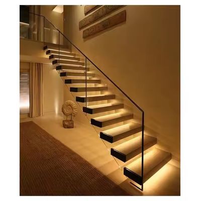 Özel Beechwood Yüzen Merdiven Cam Çitli ve LED Işıklar Satin Finish