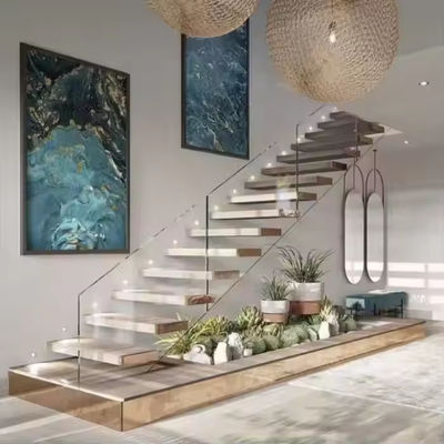 Duvarlı Gizli kiriş Kırmızı meşe ahşap merdiven Villa Açık Riser Yüzen Merdiven Işıklı